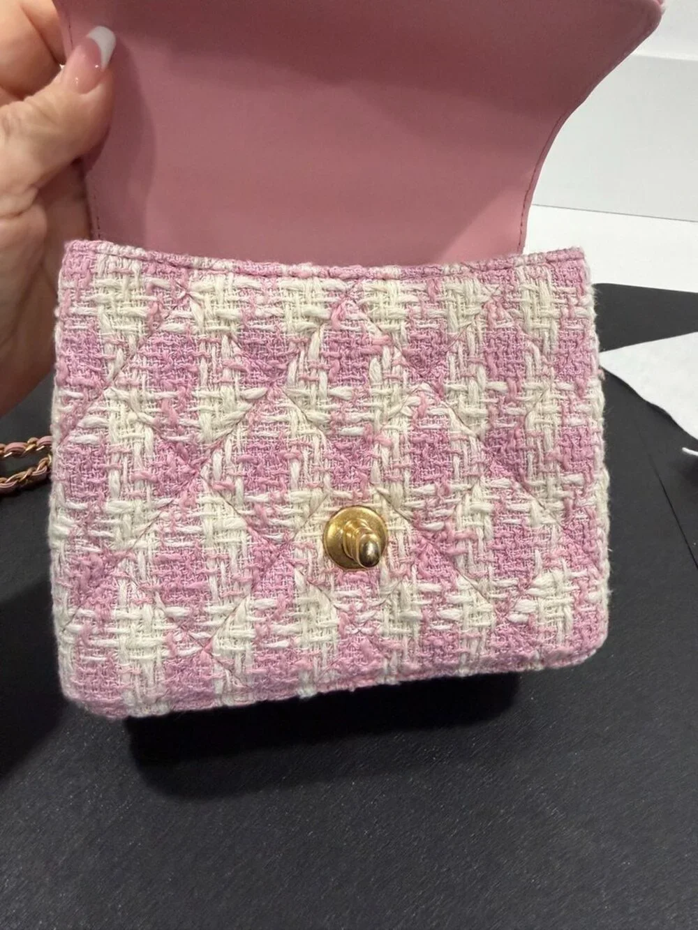 Chanel Tweed Handle Crush Top Handle Flap Bag Pink Ecru (JB1472) - Picture 12 of 16